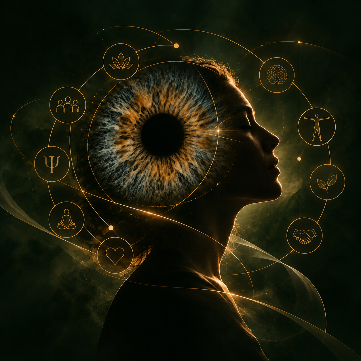 Íris integrada ao perfil humano, representando uma visão ampla e integrativa